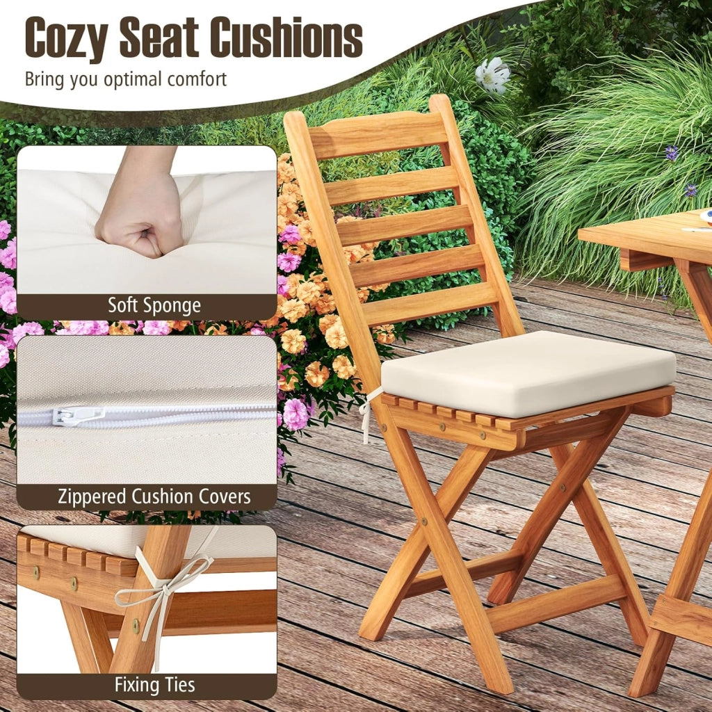 Set da bistrò da 3 pezzi, pieghevole, set da tavolo e 2 sedie in legno di acacia per giardino, set di sedute con cuscini e tavolo quadrato per terreza, balcone (listoni orizzontali)