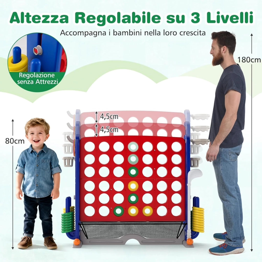 4 in 1 Forza 4 Gigante, Set di Gioco 4 in Fila con Lancio degli Anelli, Canestro da Basket, Palla, Mazza da Golf, Porta Bicchieri, Borsa e Tasca a Rete, Forza 4 Regolabile in Altezza (Rosso)