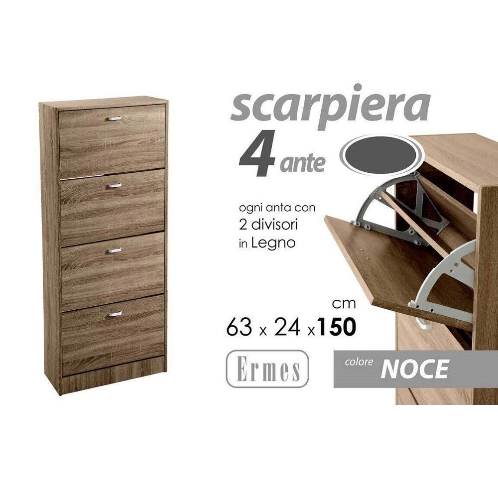 Trade Shop - Scarpiera 4 Ante Doppia Salvaspazio Slim Legno Moderna Noce H 150x63x24cm 827648 -