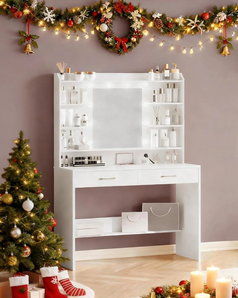 Hzuaneri 100cm Toeletta da Trucco, con specchio e luce LED, Moderno con Specchio, Postazione Make-up con Mensole Aperte e 2 Cassetti, per camera da letto, soggiorno, 40 x 100 x 149 cm, Bianco DT38703X
