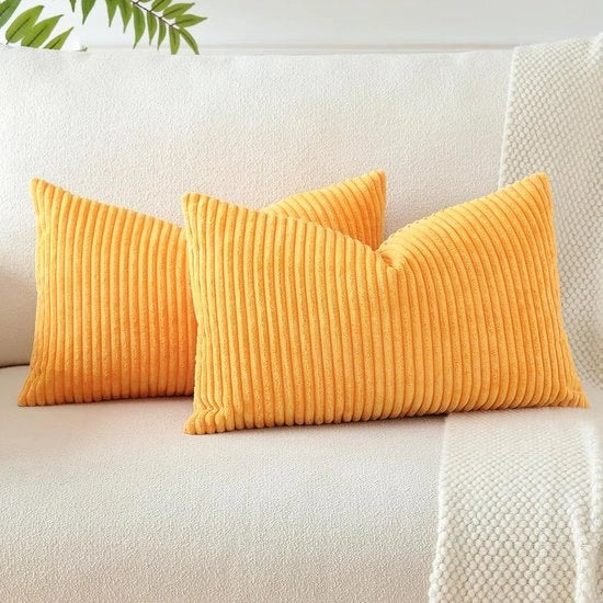 Cuscini decorativi in corduroy per divano o salotto, 40 x 60 cm, arancione giallo, set da 2.