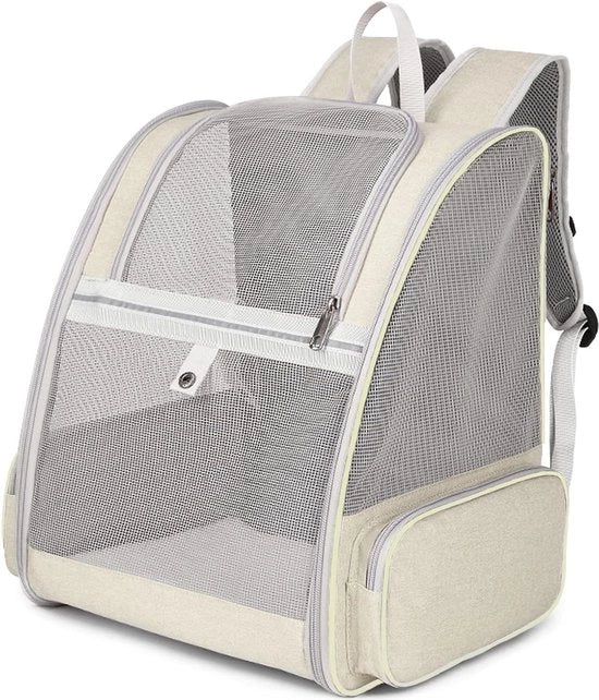 Zaino per cane - Gatto - Viaggi - Tasca da trasportare con finestra a rete - Respirante - Ripiegabile - Cuscino di piumino rimovibile - Spazio grande - Beige Zaino per cane