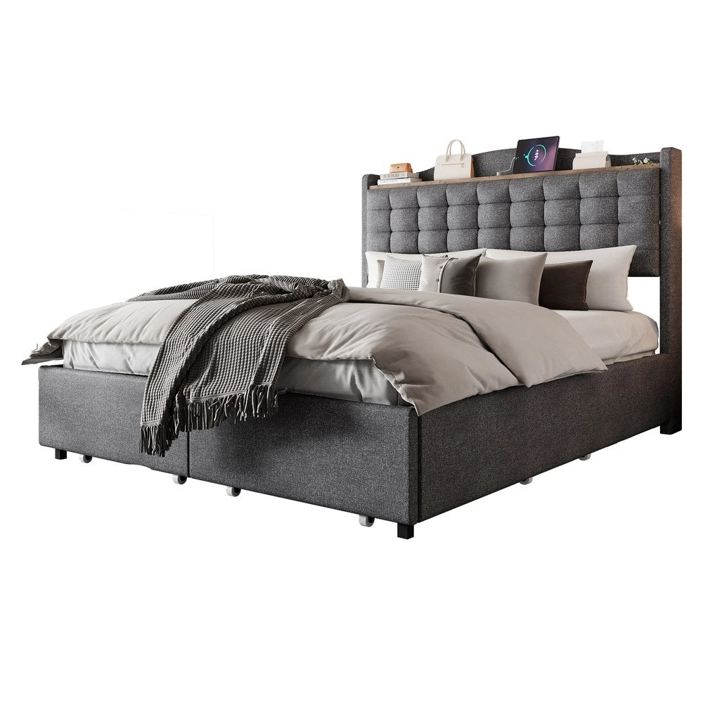 Letto Imbottito Matrimoniale con Cassetti e Comodini ¨C MINIMAL ¨C Tessuto Grigio 140x200