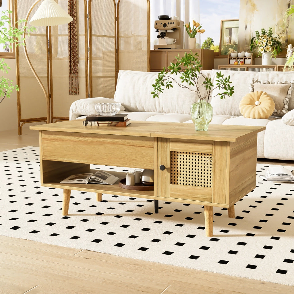 Tavolino da salotto 103x50x46 cm; piano sollevabile con spazio contenitore; truciolato; colore naturale