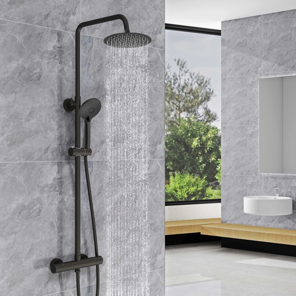 AICA Colonna doccia a ponte con soffione circolare 20x20cm, sistema doccia con miscelatore, nero opaco