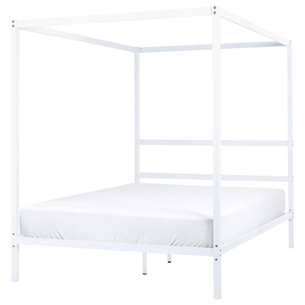 Letto matrimoniale a baldacchino con doghe e struttura in metallo bianco 140 x 200 cm stile industriale moderno