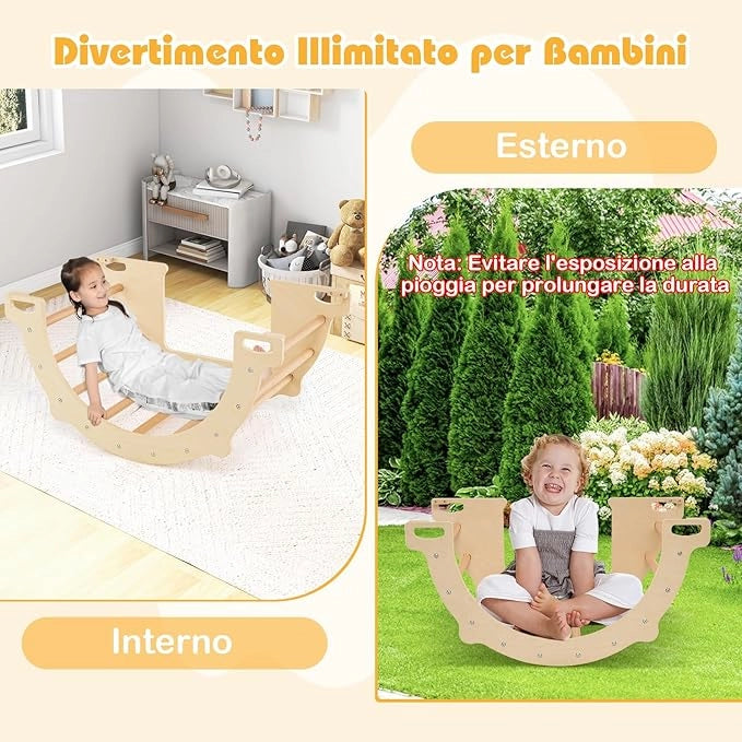 8 in 1 Arco da Arrampicata per Bambini, Altalena ad Arco in Legno con Contenitore Pieghevole, Palestra Montessori per Bambini 3 Anni + (80 × 47 × 41 cm)