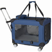 Trasportino pieghevole per cani 60 cm con ruote; 3 porte in rete; blu scuro