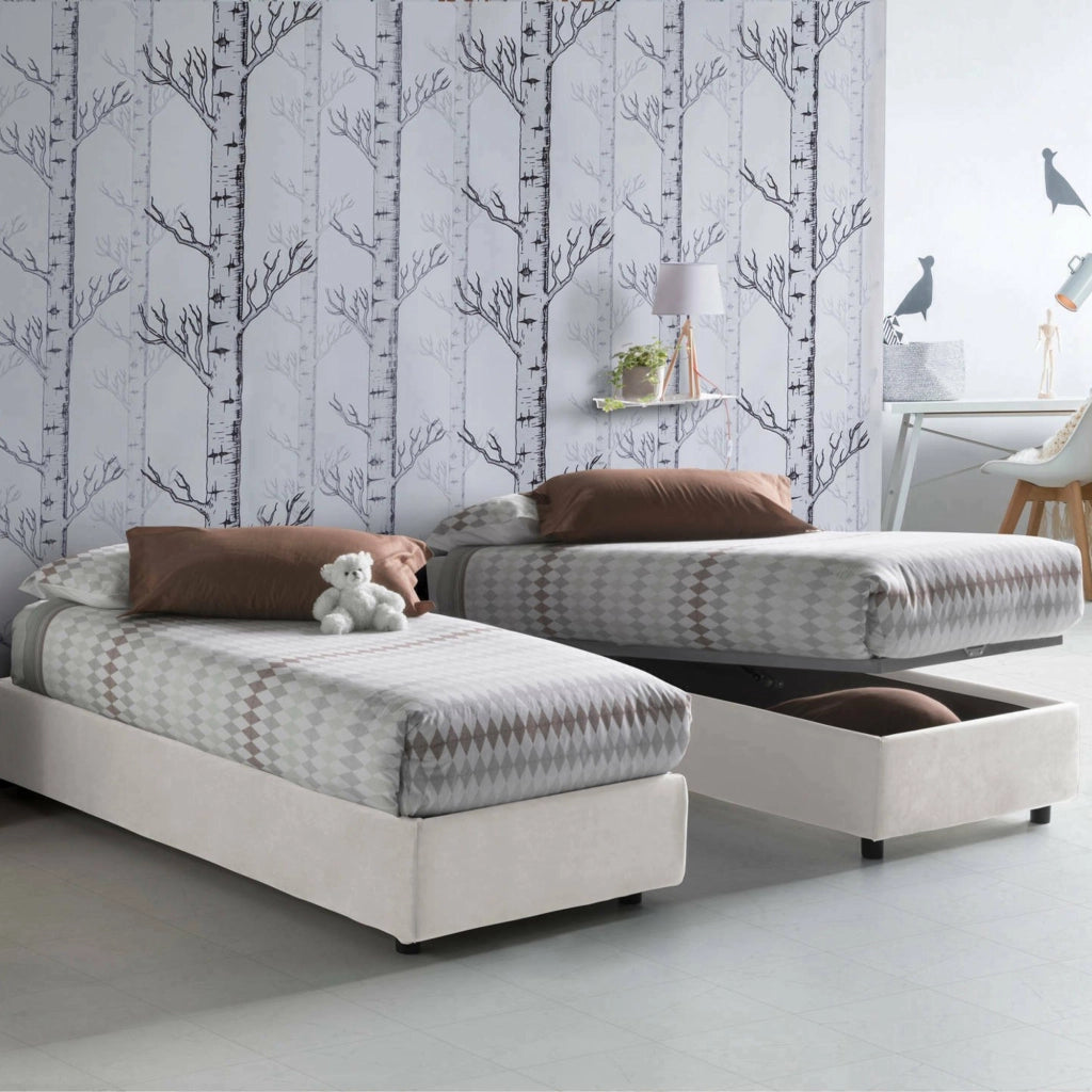 Letto singolo Agenta, Letto contenitore con rivestimento in tessuto, Made in Italy, Apertura frontale, con materasso cm 80x190 incluso, Bianco