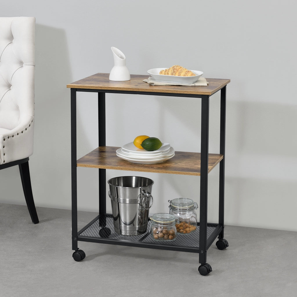 Carrello da Servizio Freiburg a 3 Piani con Ruote Rimovibili 77x60x40 cm - Nero / Color Legno Scuro [en.casa]