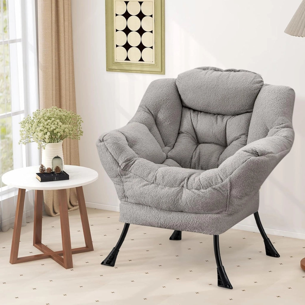 Poltrona da lettura moderna con struttura in metallo, 80 x 74 x 97 cm, sedia da divano imbottita in finta pelliccia, poltrona singola con braccioli e tasca laterale, per soggiorno, ufficio