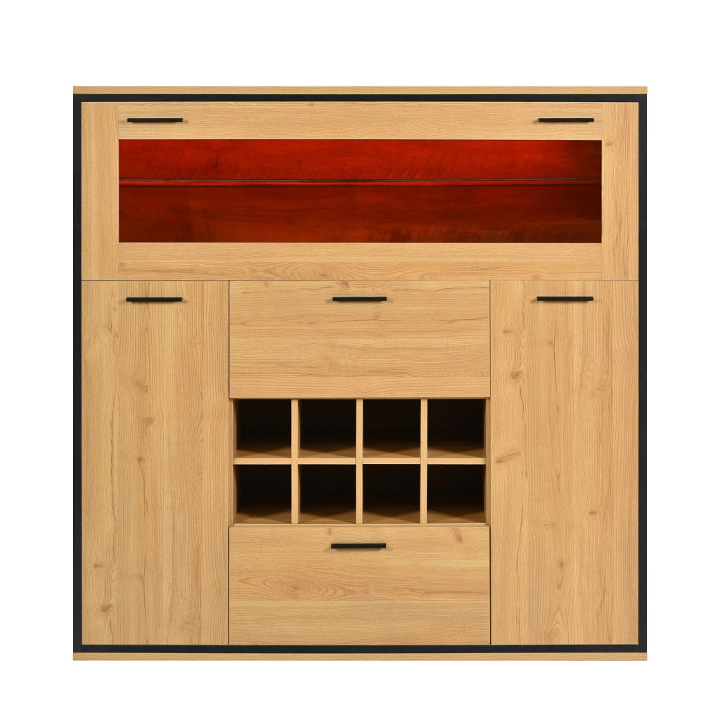 Mobile bar 2 ante e 2 livelli con portabottiglie e luce LED, per soggiorno e sala da pranzo, naturale, 110 x 38 x 111 cm