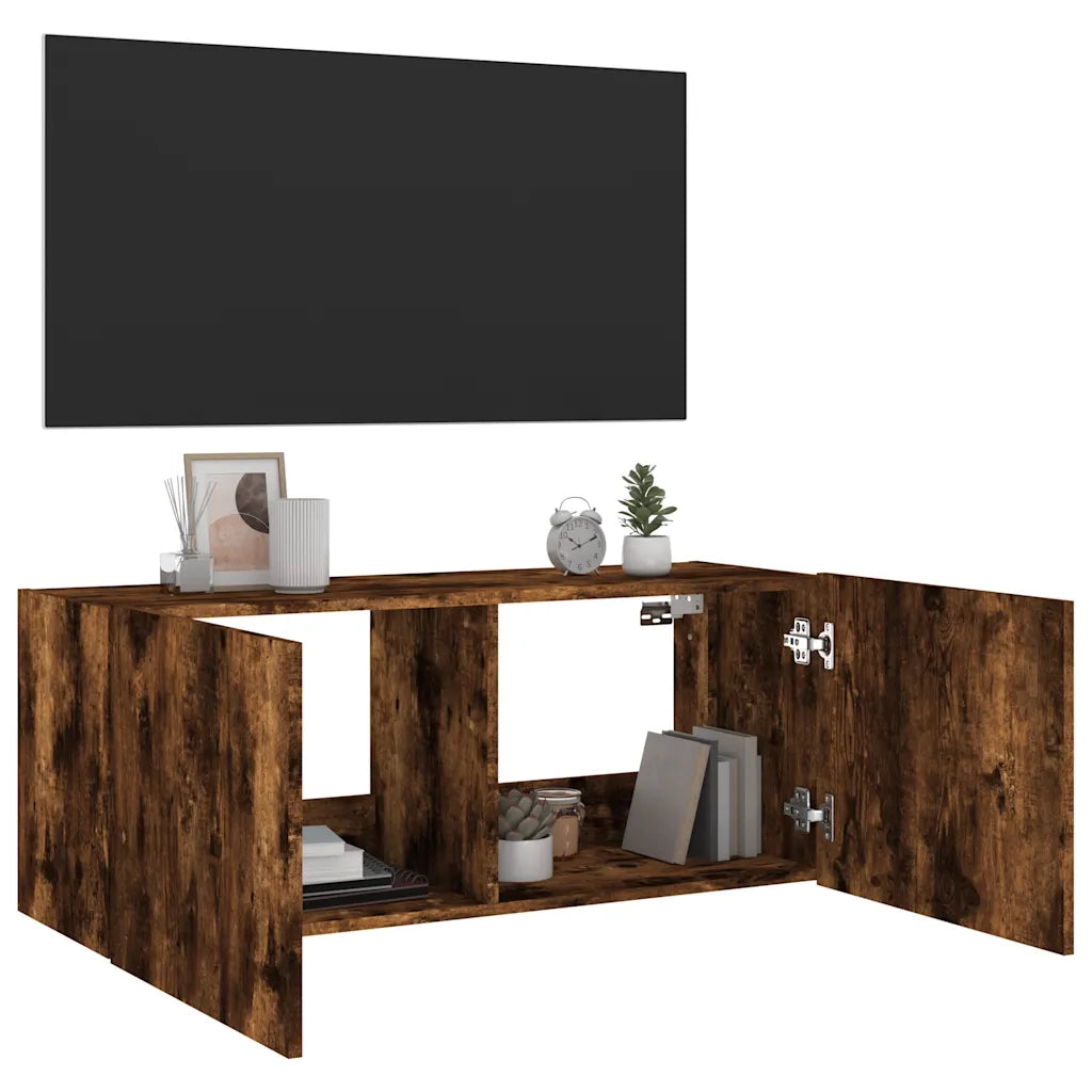 Mobile TV a Parete | Armadietto TV | Mobile Porta TV con Luci LED Rovere Fumo 100x35x41 cm