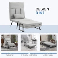 Poltrona Letto 3 in 1 con Cuscino Incluso, in Acciaio e Poliestere, 71x71x97 cm, Grigio Chiaro