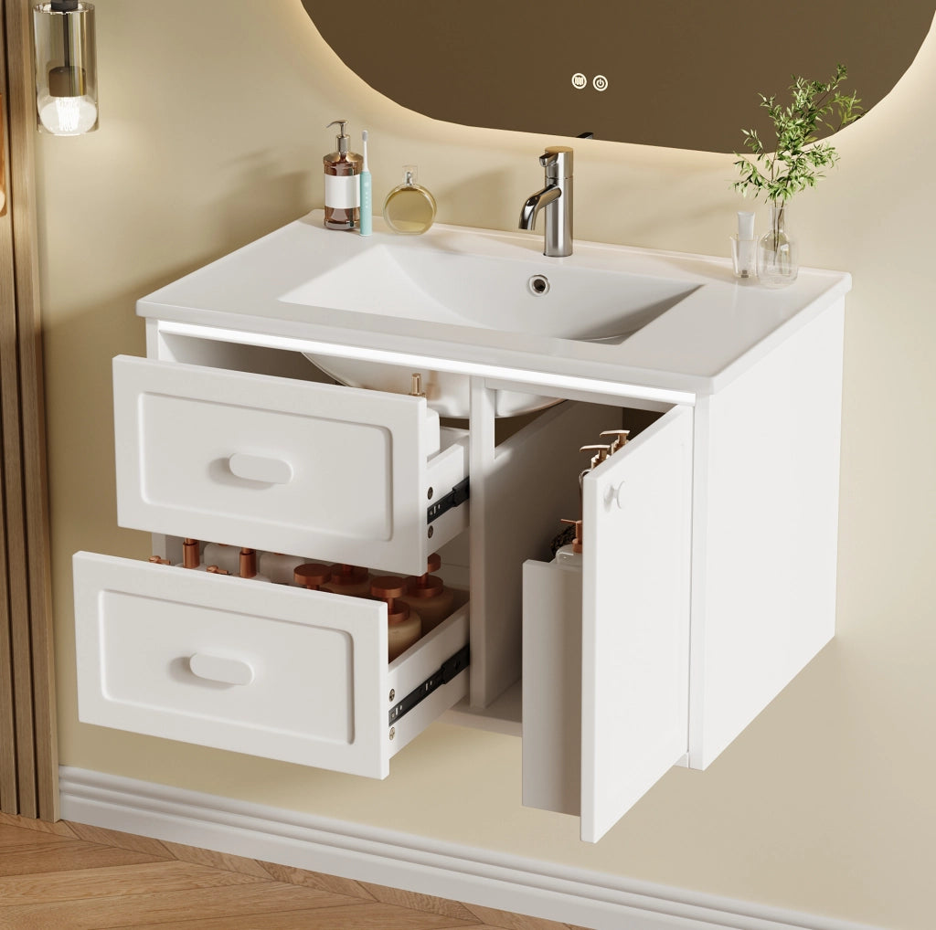 Mobile lavabo sospeso 76x46x51 cm bianco con LED radar e 2 cassetti