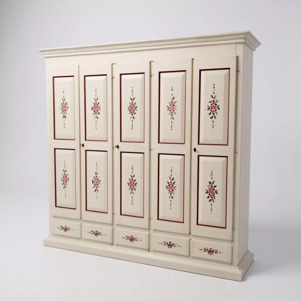 Armadio shabby 5 porte legno bianco anticato decorato filo marrone 254x61x240 - Mobili 2G