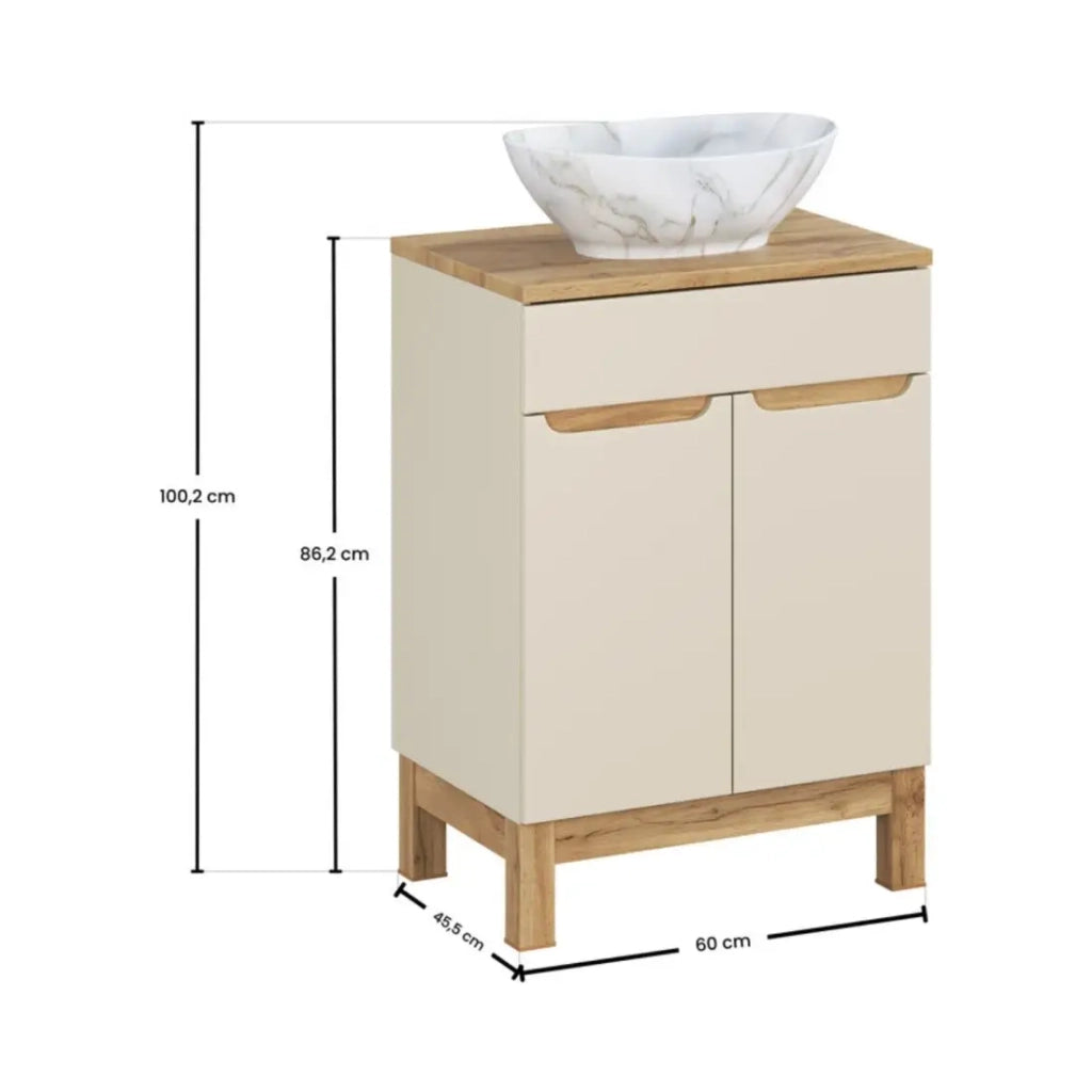 Set da bagno ERMANO cashmere 60cm: mobile sottolavabo + piano per lavabo + lavabo da appoggio bianco marmorizzato