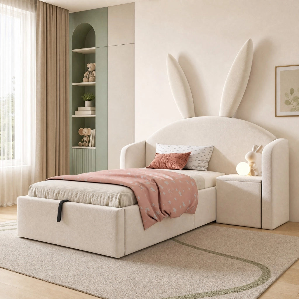 Letto singolo 90x200 con contenitore idraulico e comodino beige