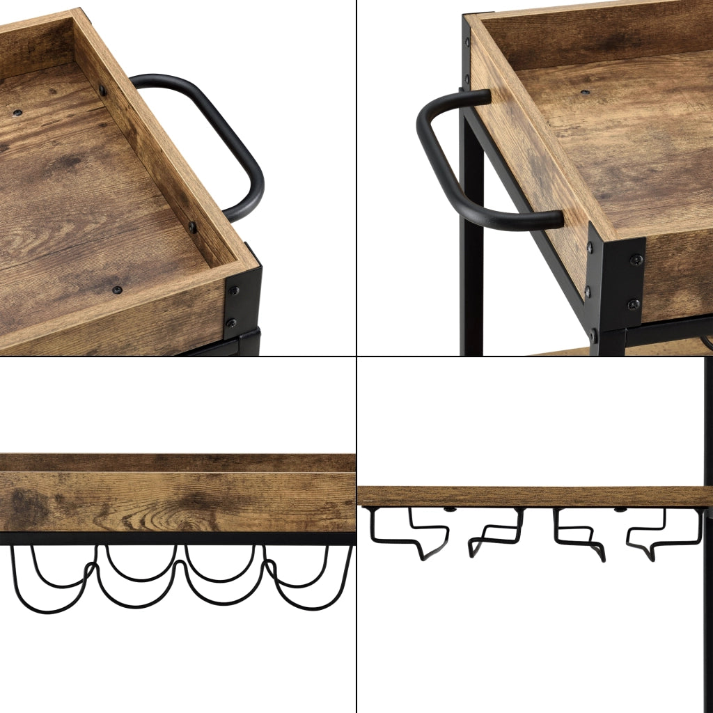 Carrello di Servizio con Vassoio Rimovibile e Ripiani in Color Legno Scuro Scaffale/Portavivande da Cucina/Mense con 4