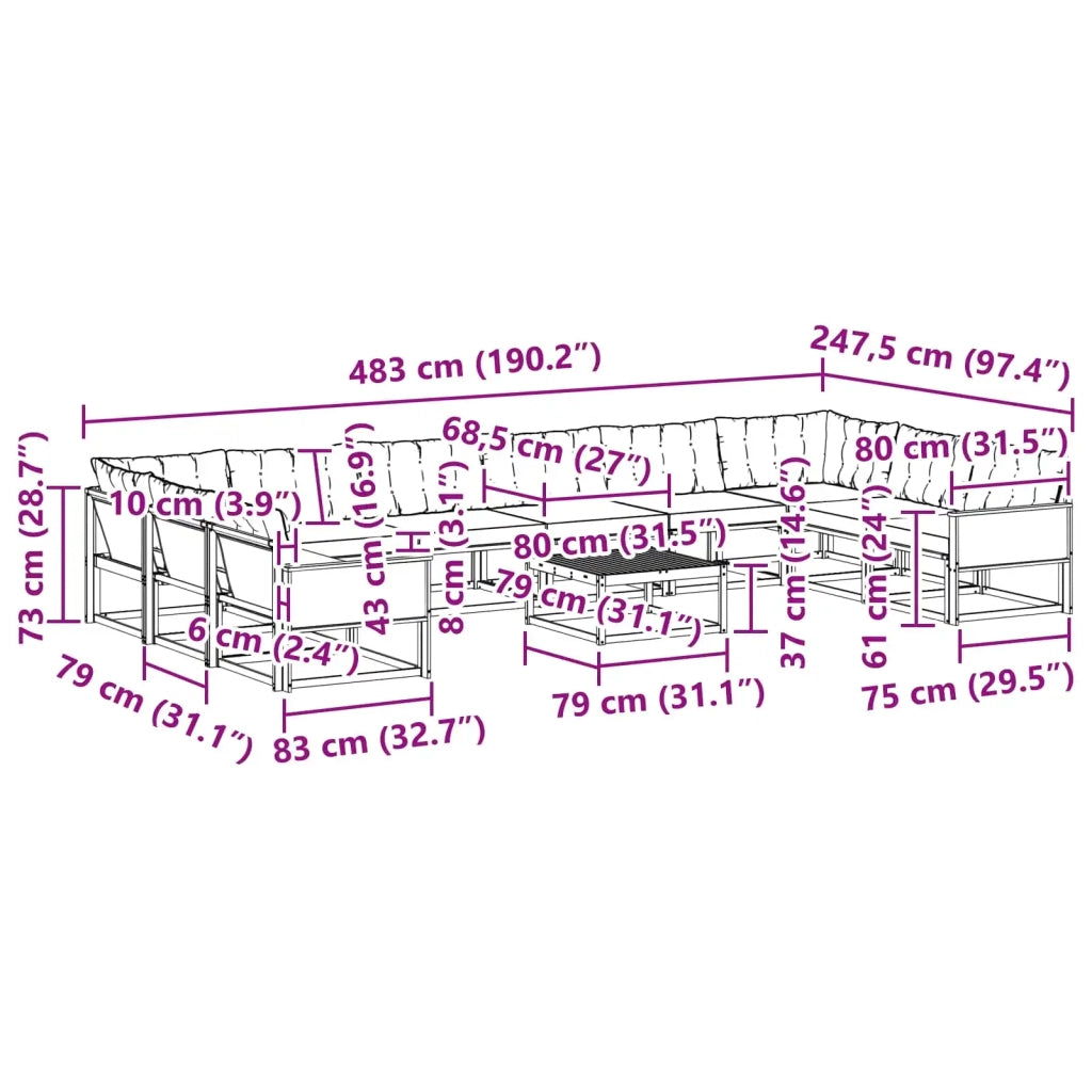 Set di divani da esterno con cuscino 11 pcs Naturale e Nero
