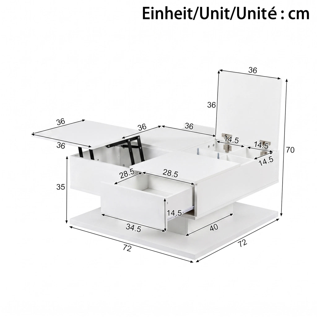 Tavolino da caffè multifunzione 72x72 cm con piano elevabile; LED e cassetti bianco
