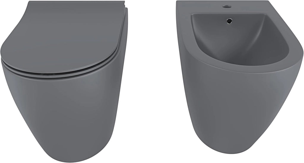 Coppia Sanitari Rimless Filomuro Vaso WC Filo Parete Tornado Flush Senza Brida Bidet Design Moderno Ceramica Copriwater Soft Close Grigio Opaco