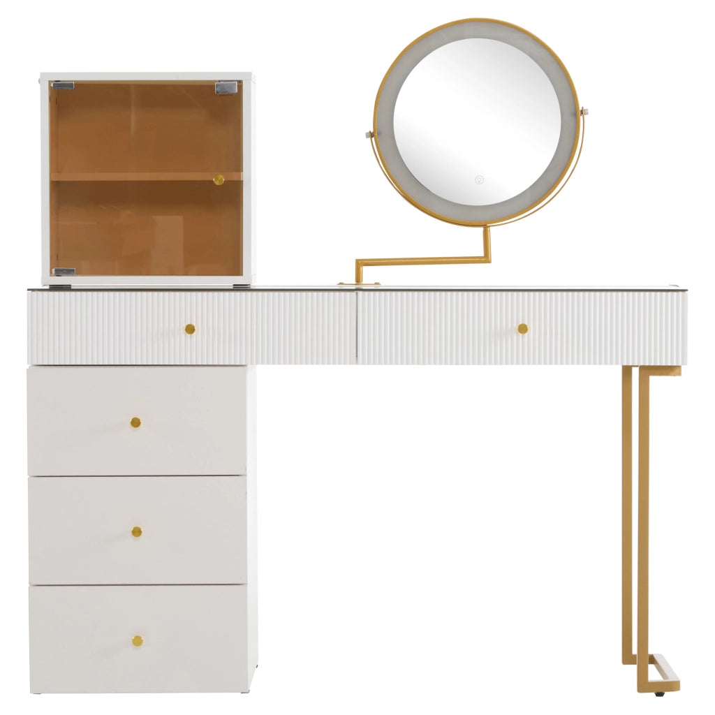 Set toeletta con specchio LED a 3 colori, piano in vetro, bianco e oro, 120 x 45 x 115 cm