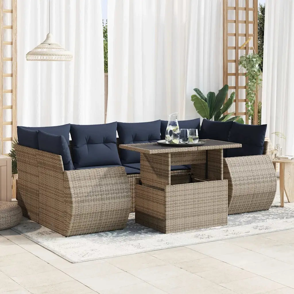 Set Divani da Giardino 7pz con Cuscini Grigio Polyrattan Acacia