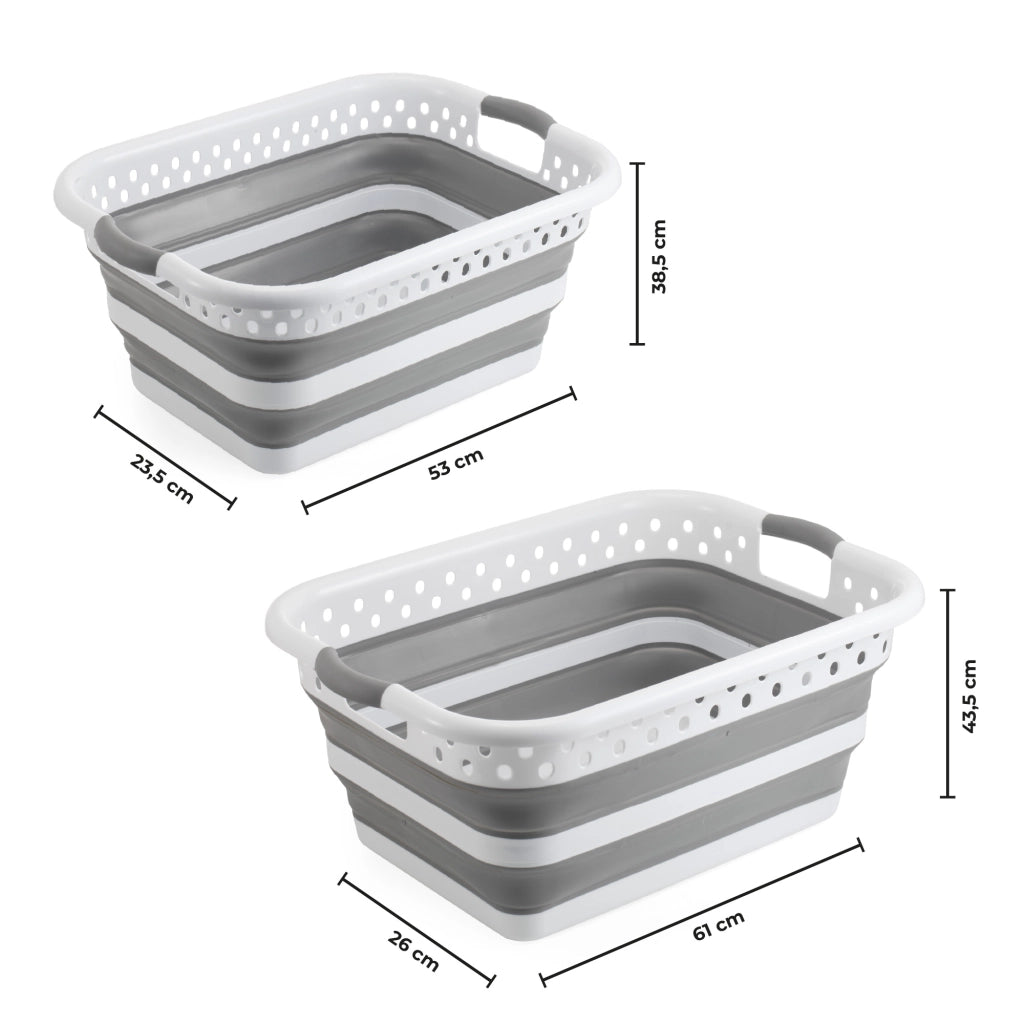 Set 2 Ceste Portabiancheria Pieghevoli 24L e 39L, Cesti Salvaspazio in Plastica e Silicone con Maniglie, Ceste Bucato Richiudibili Grigio Bianco per Bagno Lavanderia Casa
