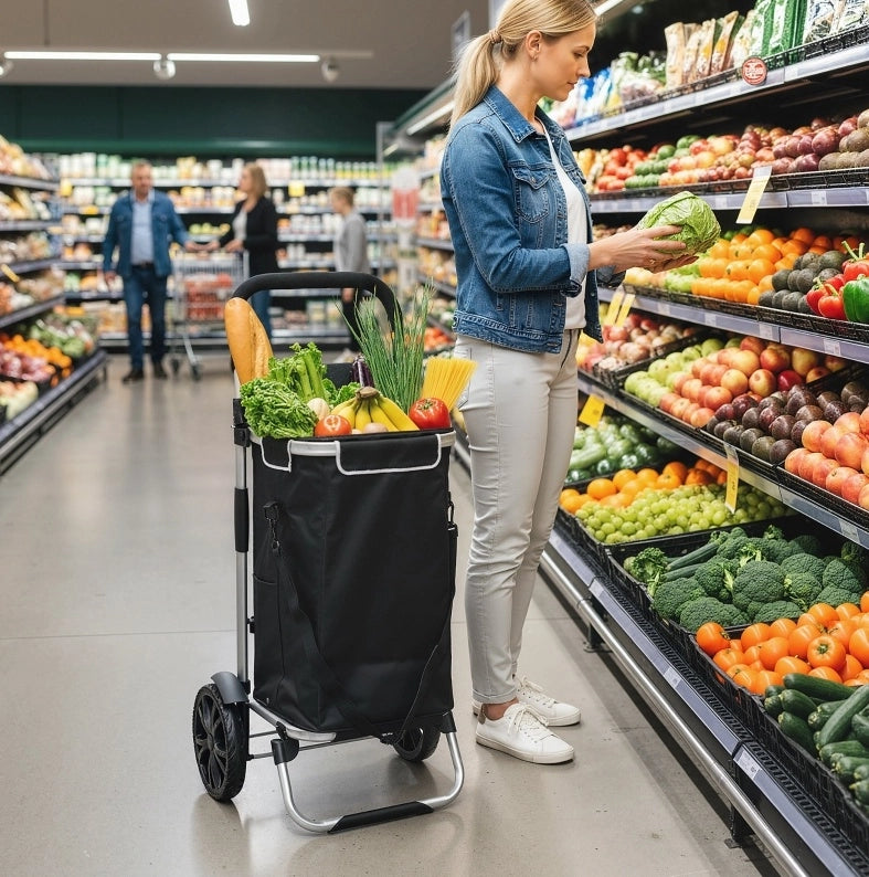 Trolley spesa 47x17x48 cm 3 in 1 con scomparto termico in alluminio nero
