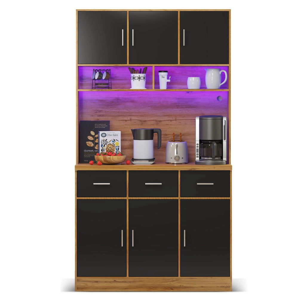 Buffet cucina 100x40x180 cm con LED; prese USB; cassetti e ripiani regolabili; naturale e nero