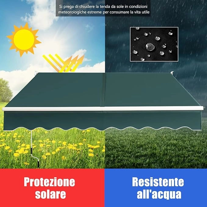 Tenda da Sole per Esterno Avvolgibile, Tenda da Sole a Bracci Estensibili con Telaio in Alluminio e Tettuccio Resistente al Sole e Impermeabile e Manovella (245 x 200 cm,Verde)