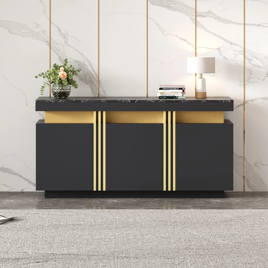 Credenza moderna nera 140x38x70 cm con 3 ante, 6 vani e ripiani regolabili