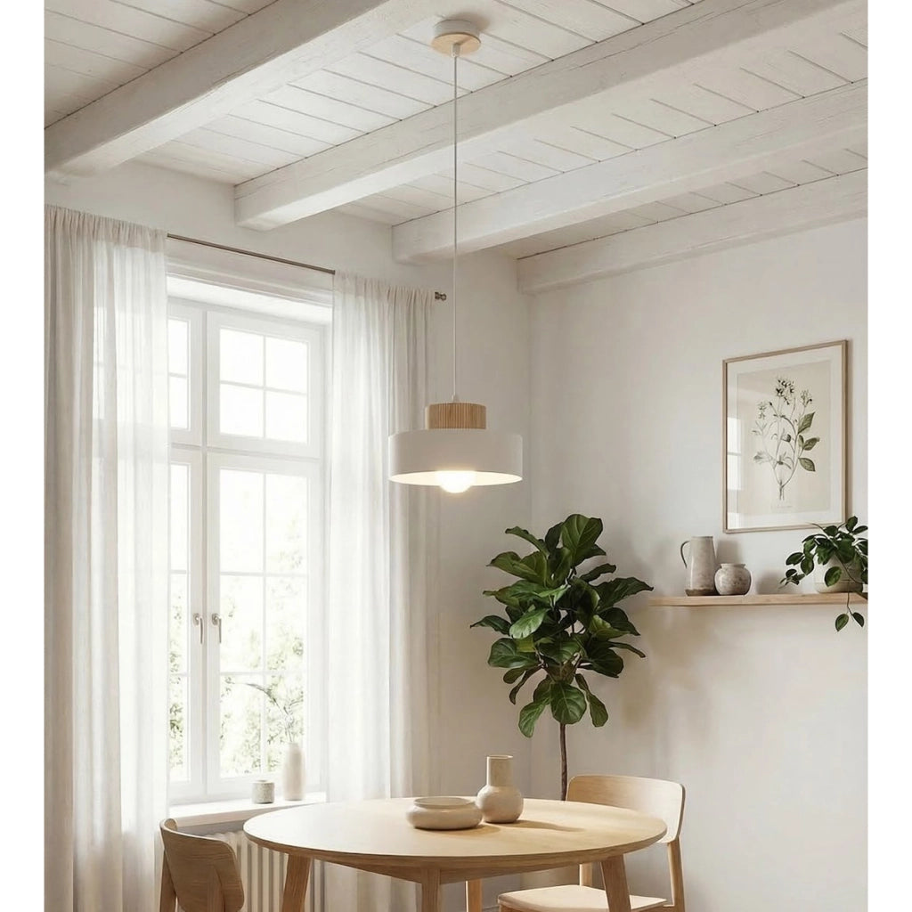 Lampada a sospensione KIVI in acciaio bianco e legno