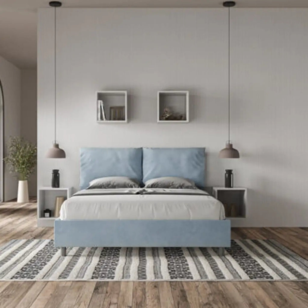 Letto matrimoniale senza rete imbottito 160x190 microfibra azzurro Antea