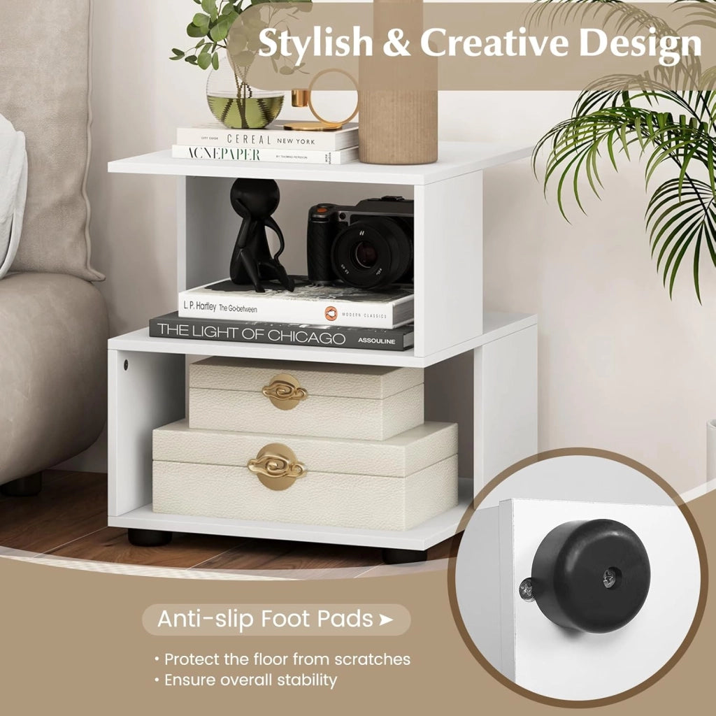 Set di 2 tavolini bianchi comodino comodino in legno, piccola libreria a 3 livelli, tavolino da caffè con piedini antiscivolo, tavolo d'accento moderno per camera da letto, 39,5 x 39,5 x 45 cm