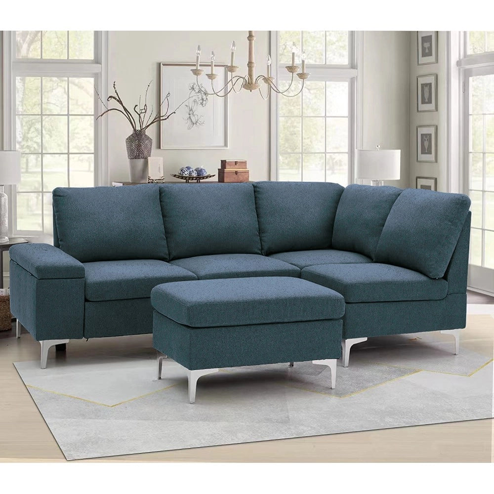 Divano angolare sinistro tessuto grigio Dina con bracciolo porta oggetti 218X172X87H