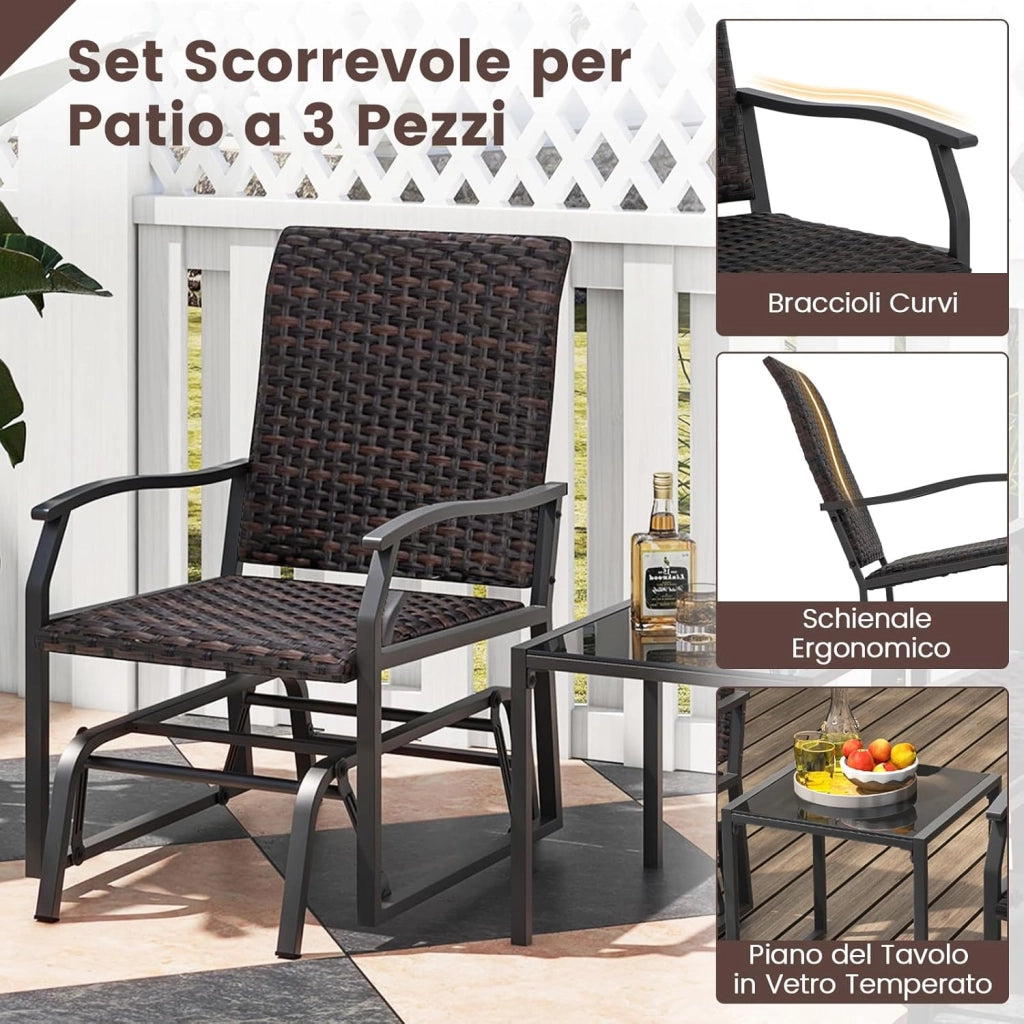 Set di 3 Pezzi Mobili in PE Rattan, Set di 2 Sedie a Dondolo con Tavolino da CaffÃ¨ in Vetro Temperato, Set di Sedie e Tavolino da Esterno per Giardino Cortile e Patio