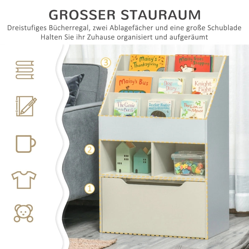 Libreria per bambini con cassetto, 3 ripiani e 2 vani a giorno, scaffale contenitore per cameretta, sala giochi, grigio, 60 x 29,9 x 90 cm