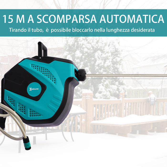 Avvolgitubo Automatico a Parete 44x22.5x41 cm con 7 Modalità di Irrigazione in Plastica Nero e Verde