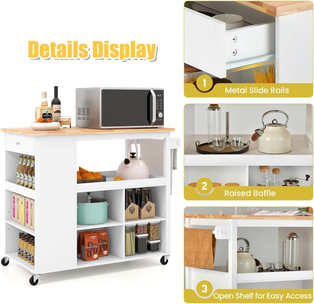 Carrello da cucina con Ruote, Isola da Cucina in Legno con 8 Scomparti, Piano, Cassetto, Portaspezie, Portasciugamani, Carrello di Servizio Multifunzione, 116,5 x 60 x 98,5 cm (Bianco)
