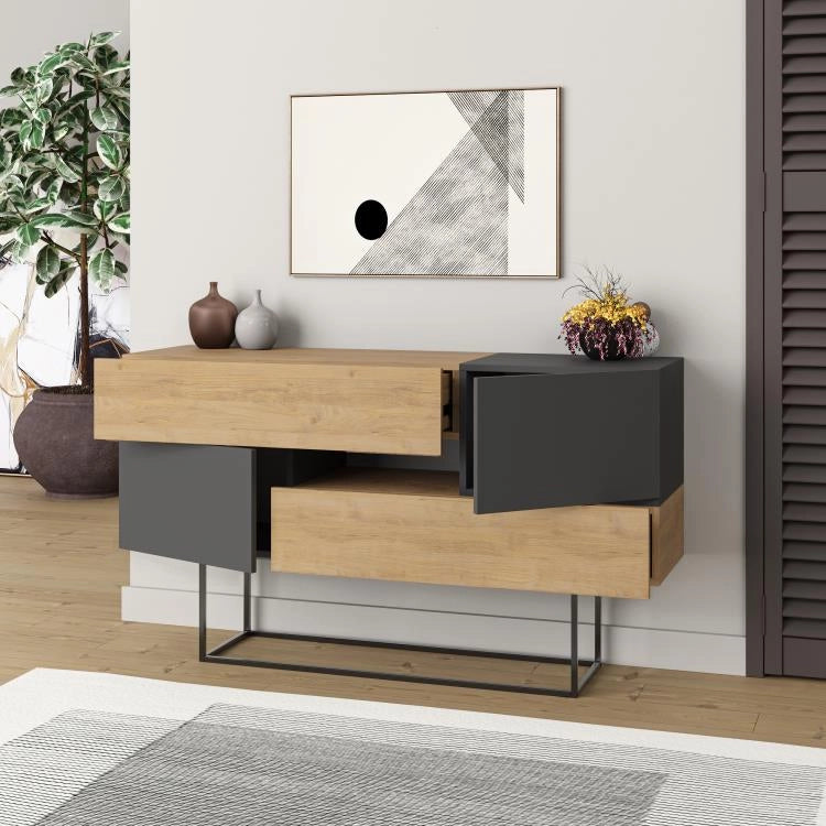 Consolle Moderna 145x40x82 cm con 2 Ante 2 Cassetti e Gambe Alte Quercia e Antracite