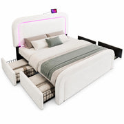 Letto Matrimoniale 160x200 cm; USB; Type-C; LED; 4 Cassetti; in Sherpa; Bianco