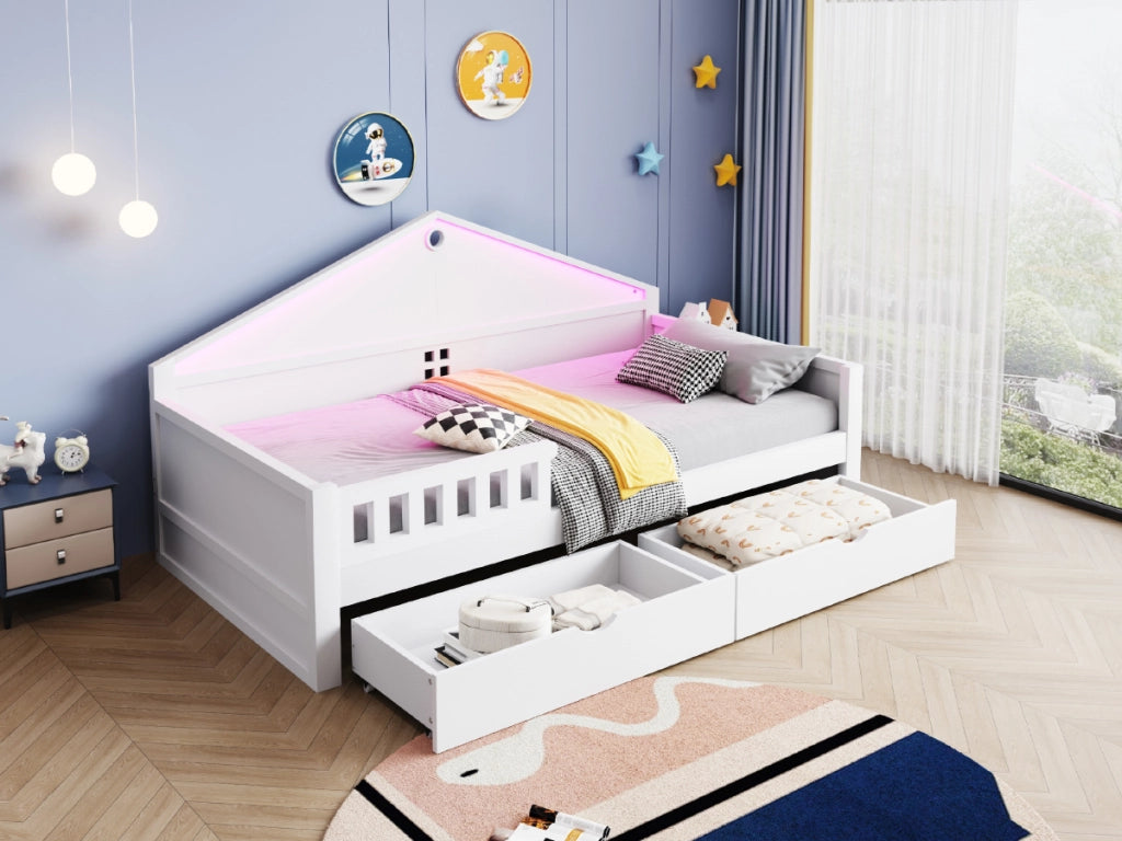 DESMIU Letto singolo 1 posto con 2 cassetti, LED regolabile e contenitore 90 × 200 cm, senza materasso, bianco