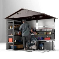 Casetta da Giardino in Acciaio Effetto Legno con Doppie Porte Scorrevoli, 236x196x208 cm, Marrone