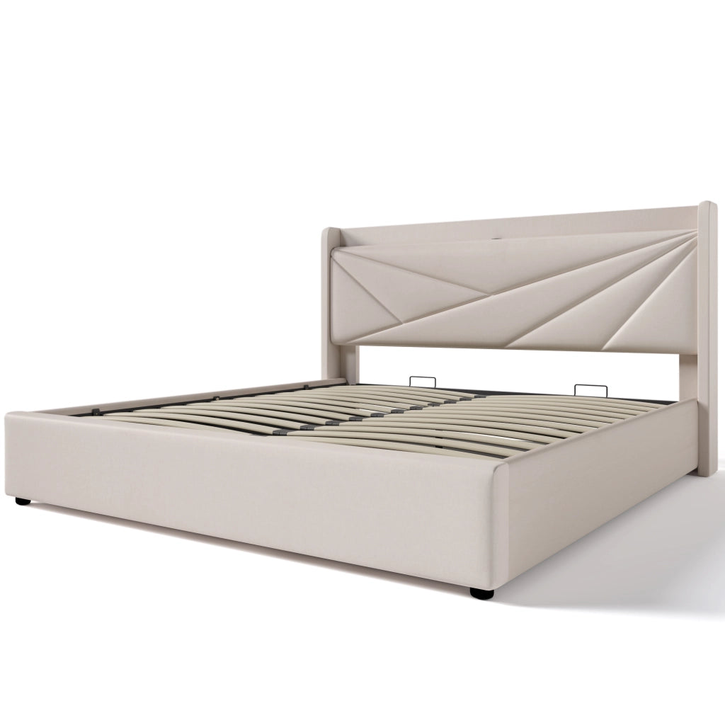 Letto Contenitore Matrimoniale con USB; Tipo C e Testiera Imbottita 140×200 cm; senza Materasso