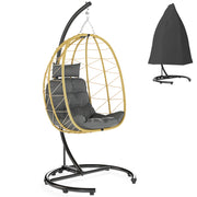 Poltrona Sospesa e Pieghevole con Cuscini, in Acciaio e Rattan PE, 102x102x195 cm, Nera Grigia e Beige