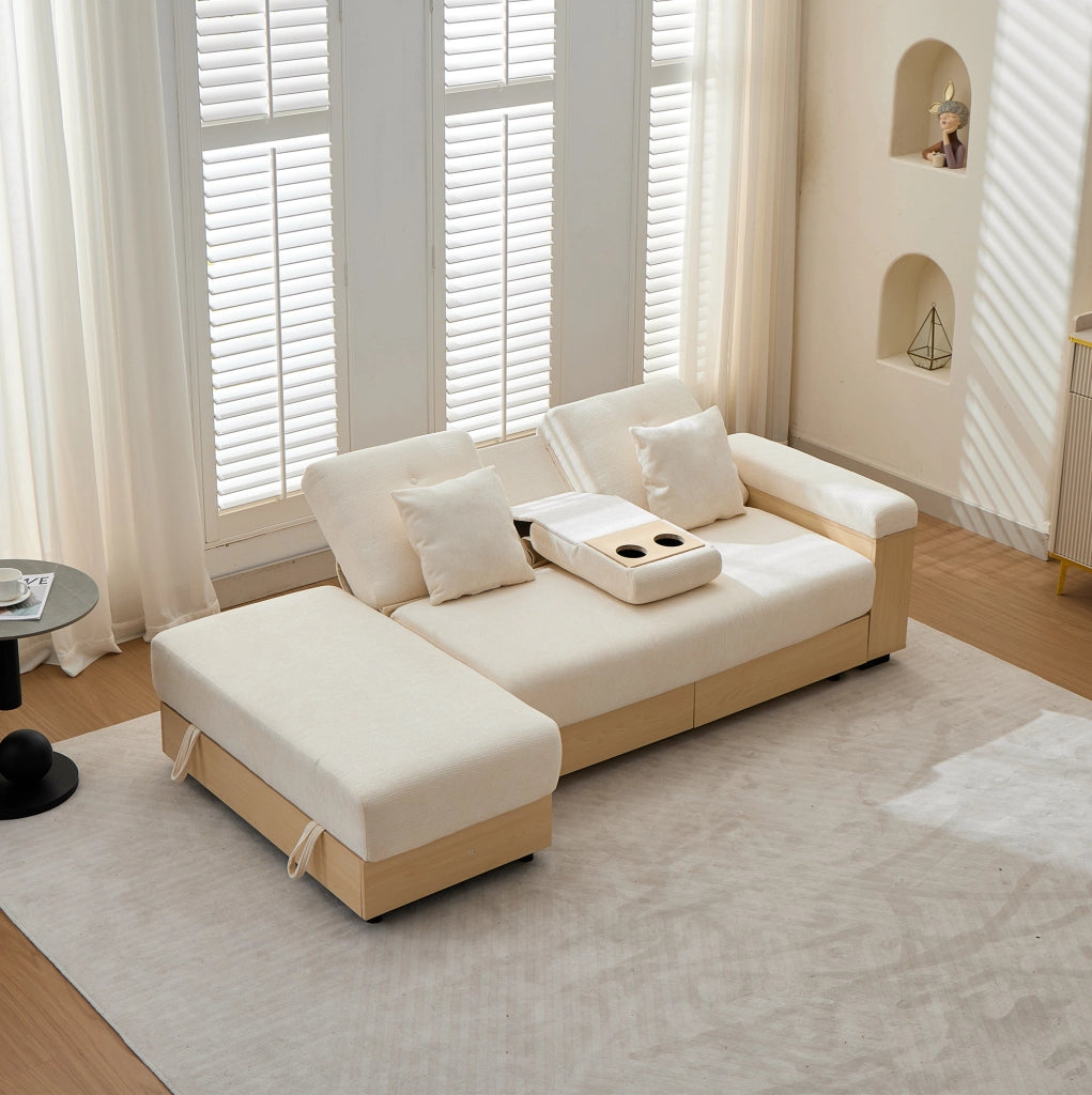 Divano letto in chenille con contenitore e cassetti