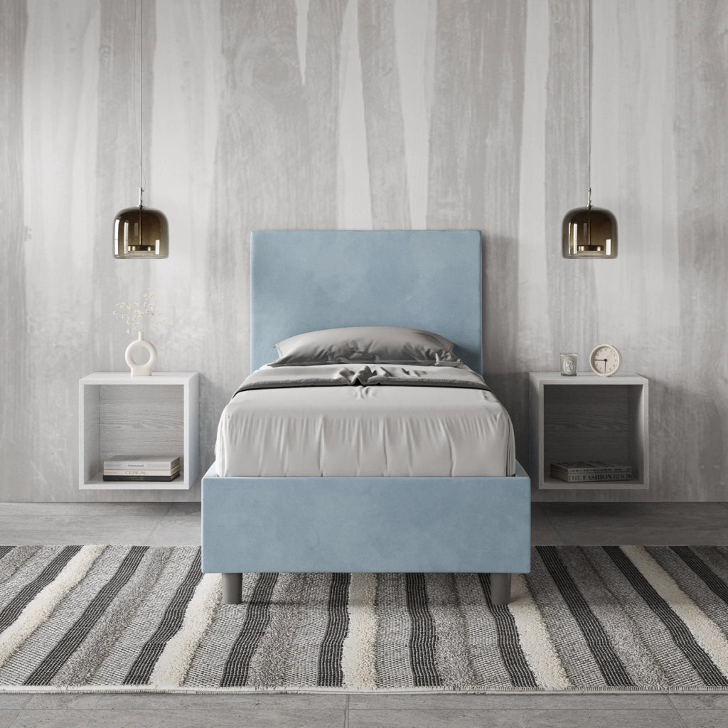 BS COM Letto singolo con rete imbottito 90x200 microfibra azzurro