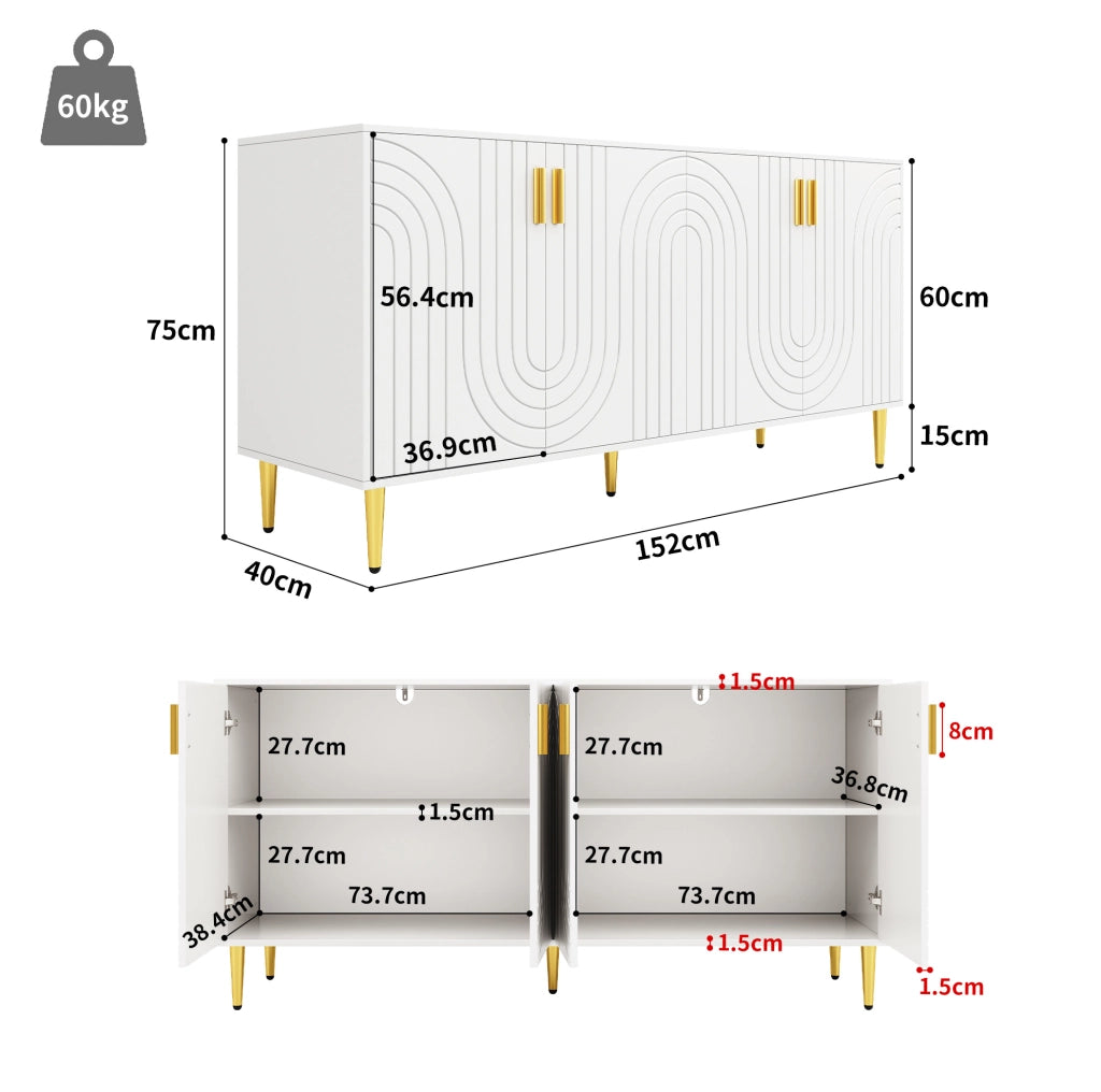Credenza 152x40 cm; design ondulato con 2 ante; MDF; bianco